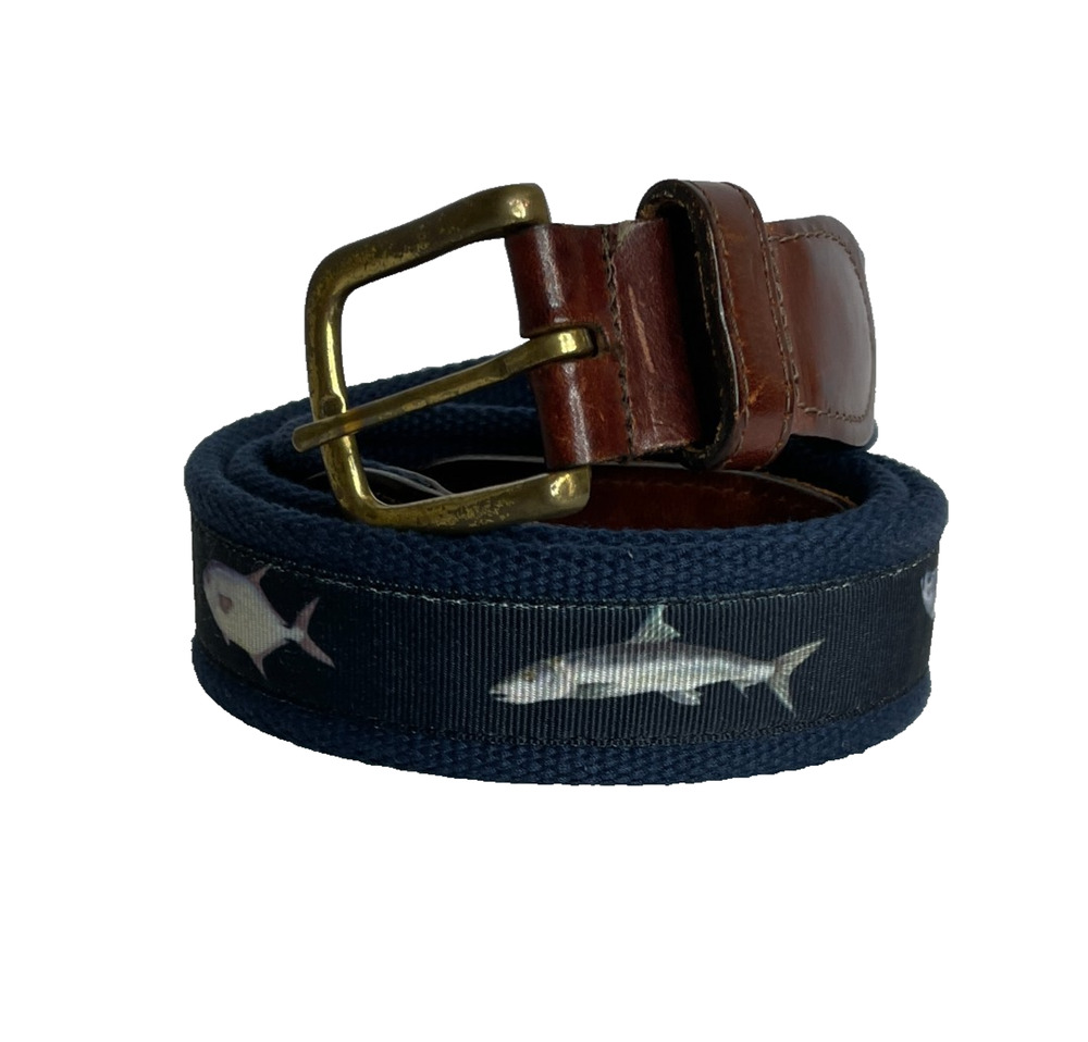 Men's 44" Orvis Navy Blue Fish Printed Leather Detail Preppy Belt
